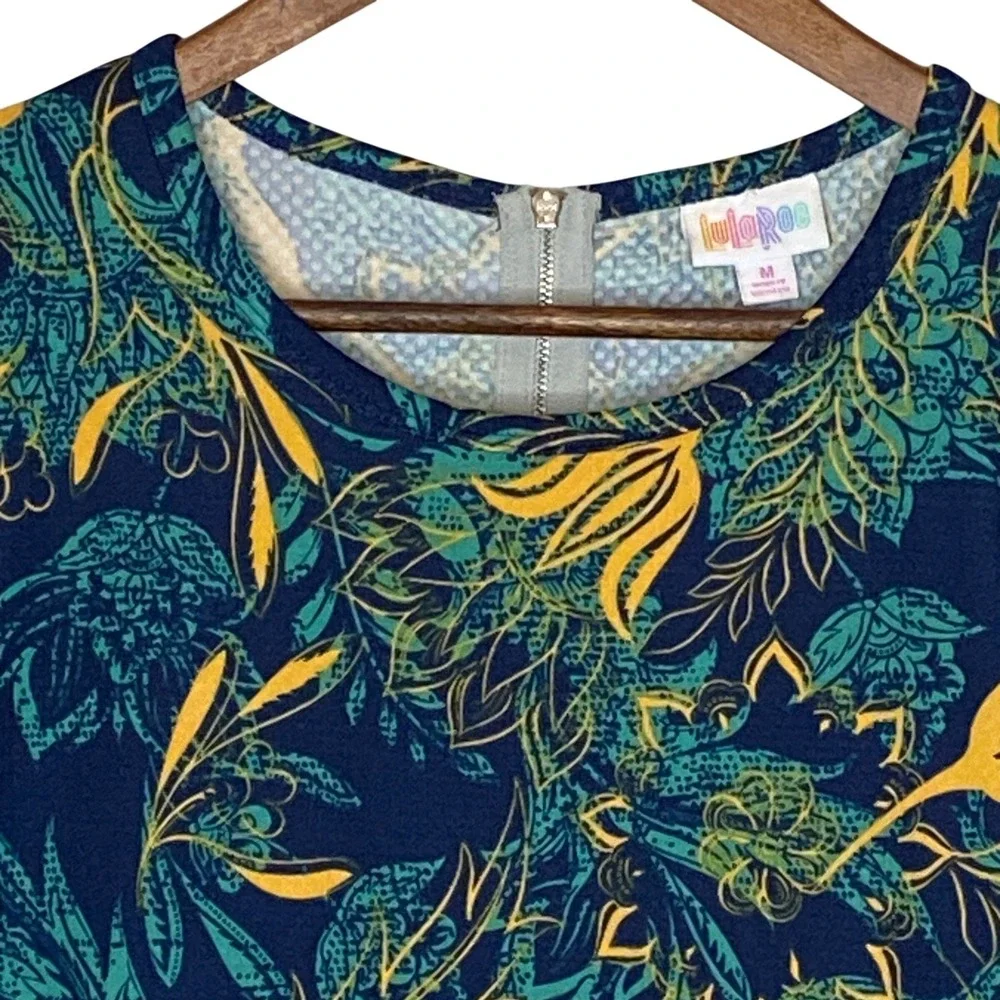 LuLaRoe Amelia Dress Womens Size M Blue Botanical Floral Pleated Stretch Pockets